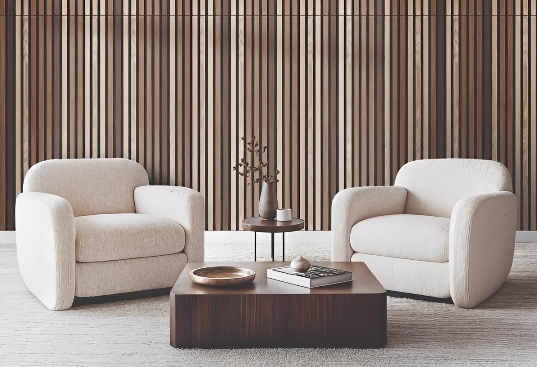Two Plush, White Armchairs Sit Beside a Low Wooden Coffee Table Against a Backdrop of Vertical Wooden Slats, Creating a Cozy and Modern Living Space.