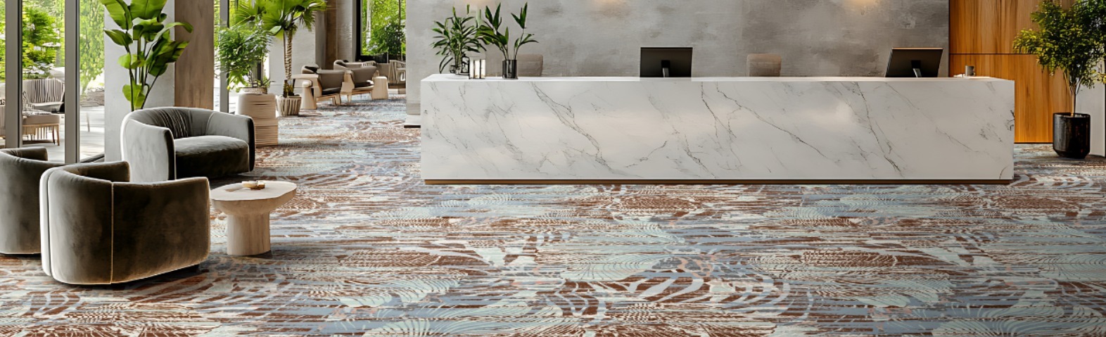 Modern Hotel Lobby Featuring a Sleek Marble Reception Desk, Contemporary Seating, and Decorative Plants on a Stylish Patterned Carpet.
